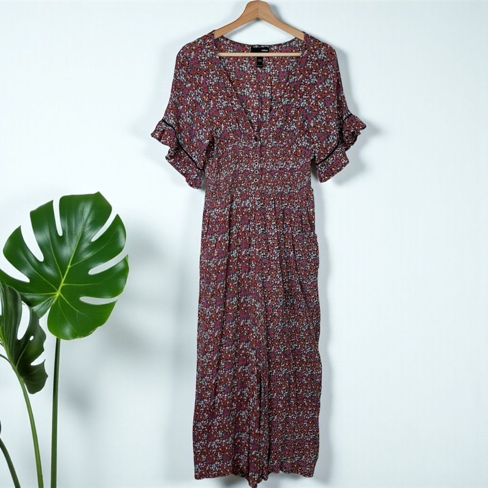 AQUA Floral Ruffle Sleeve Smocked Wide-Leg Jumpsuit - Picture 4 of 14